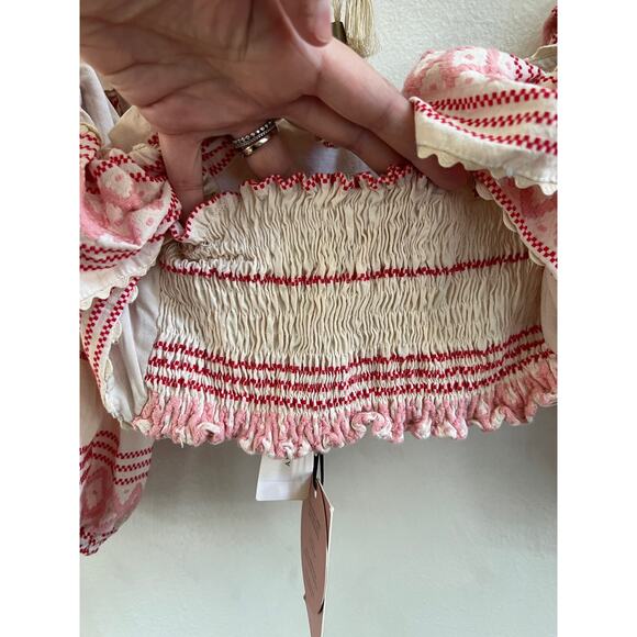 Raissa | Anthropologie NWT Ruffled Embroidered Cropped Blouse Beige Pink Red - Picture 8 of 14